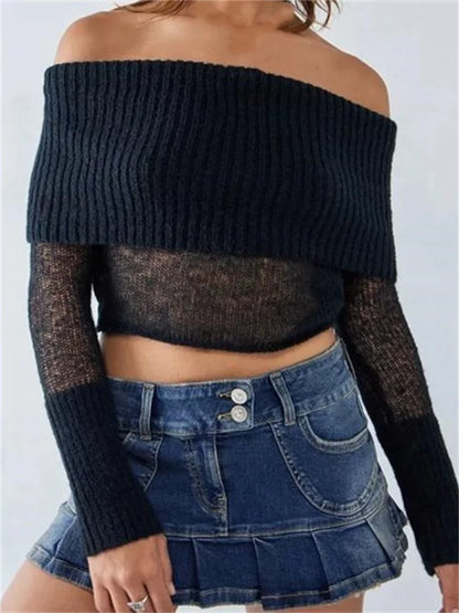 JuliaFashion - Sexy Knitted See Through Off Shoulder Solid Long Sleeve Cropped Pullovers Slash Neck Sweater