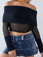 JuliaFashion - Sexy Knitted See Through Off Shoulder Solid Long Sleeve Cropped Pullovers Slash Neck Sweater