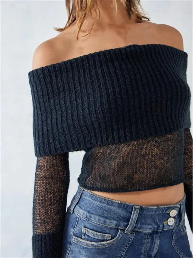 JuliaFashion - Sexy Knitted See Through Off Shoulder Solid Long Sleeve Cropped Pullovers Slash Neck Sweater