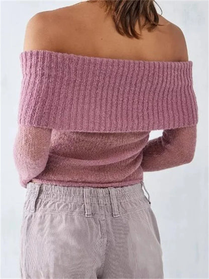 JuliaFashion - Sexy Knitted See Through Off Shoulder Solid Long Sleeve Cropped Pullovers Slash Neck Sweater