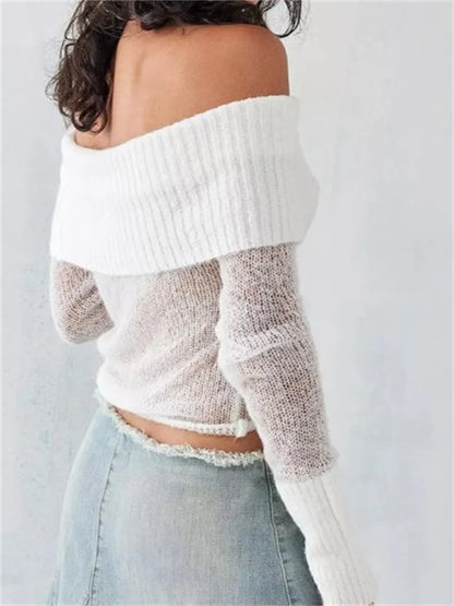 JuliaFashion - Sexy Knitted See Through Off Shoulder Solid Long Sleeve Cropped Pullovers Slash Neck Sweater