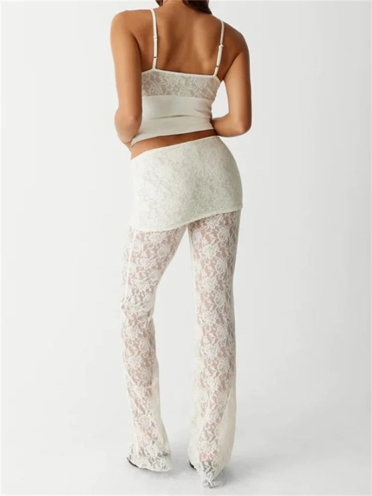 JuliaFashion - Sexy Lace Ruched Sleeveless V Neck Camis Tops Flared Pants Suits