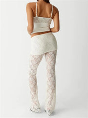 JuliaFashion - Sexy Lace Ruched Sleeveless V Neck Camis Tops Flared Pants Suits