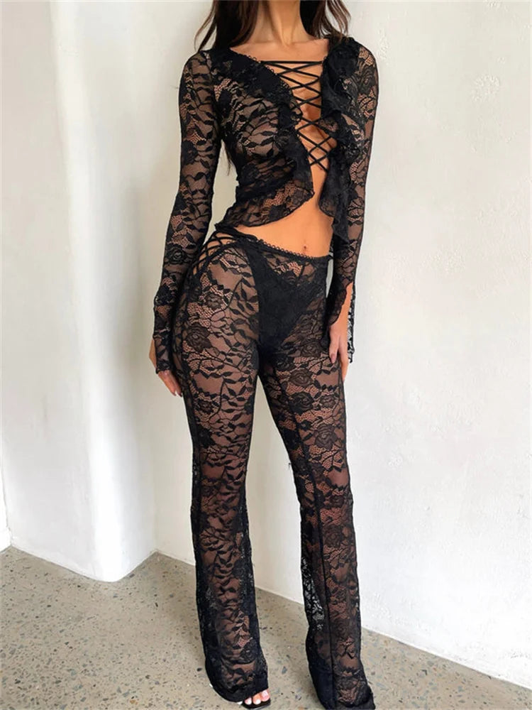 JuliaFashion - High Waist Lace Ruffles Split Pants Suits