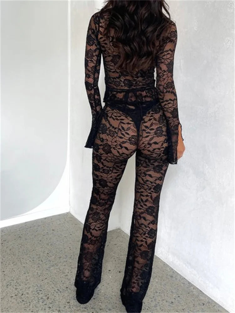 JuliaFashion - High Waist Lace Ruffles Split Pants Suits