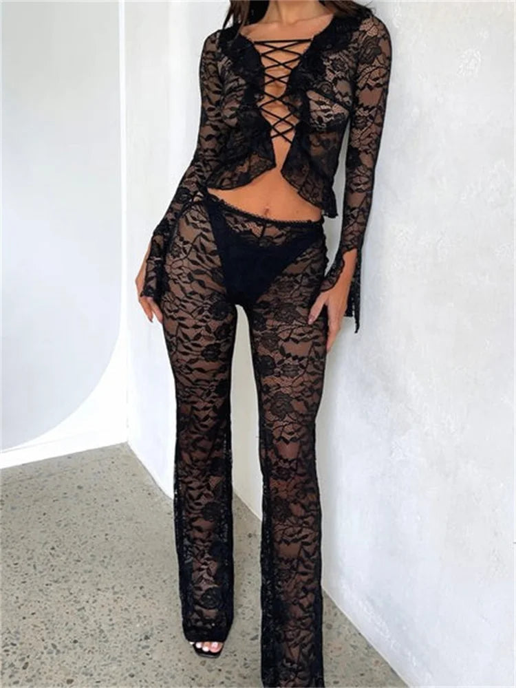 JuliaFashion - High Waist Lace Ruffles Split Pants Suits