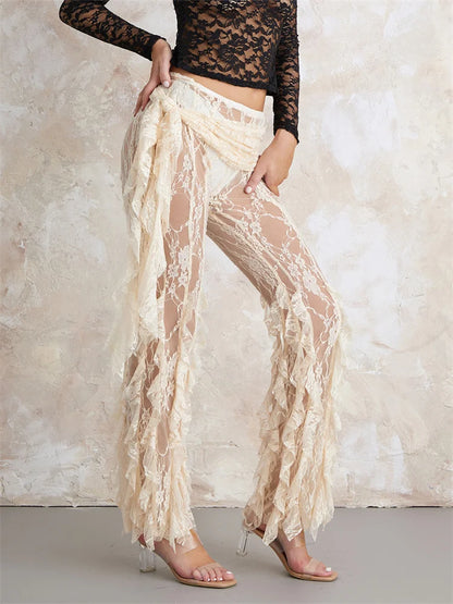 JuliaFashion - See Through Lace Floral Irregular Ruffled Beachwear Pants