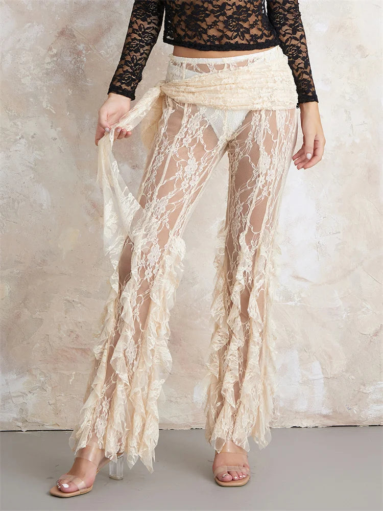 JuliaFashion - See Through Lace Floral Irregular Ruffled Beachwear Pants