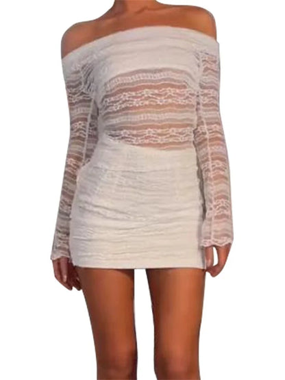 JuliaFashion - Sexy Lace Skirt Off Shoulder Mesh T-shirts Tops Mini Skirts Suits