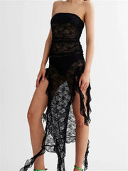 Sexy Women Lace Tube Strapless Off Shoulder Backless See Through Irregular Hem Split Tassels