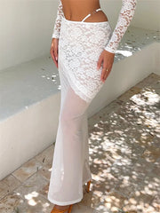 JuliaFashion - Sexy Long Elegant Low Waist Lace Patchwork Mesh Sheer Summer Party Beach Clubwear Skirts