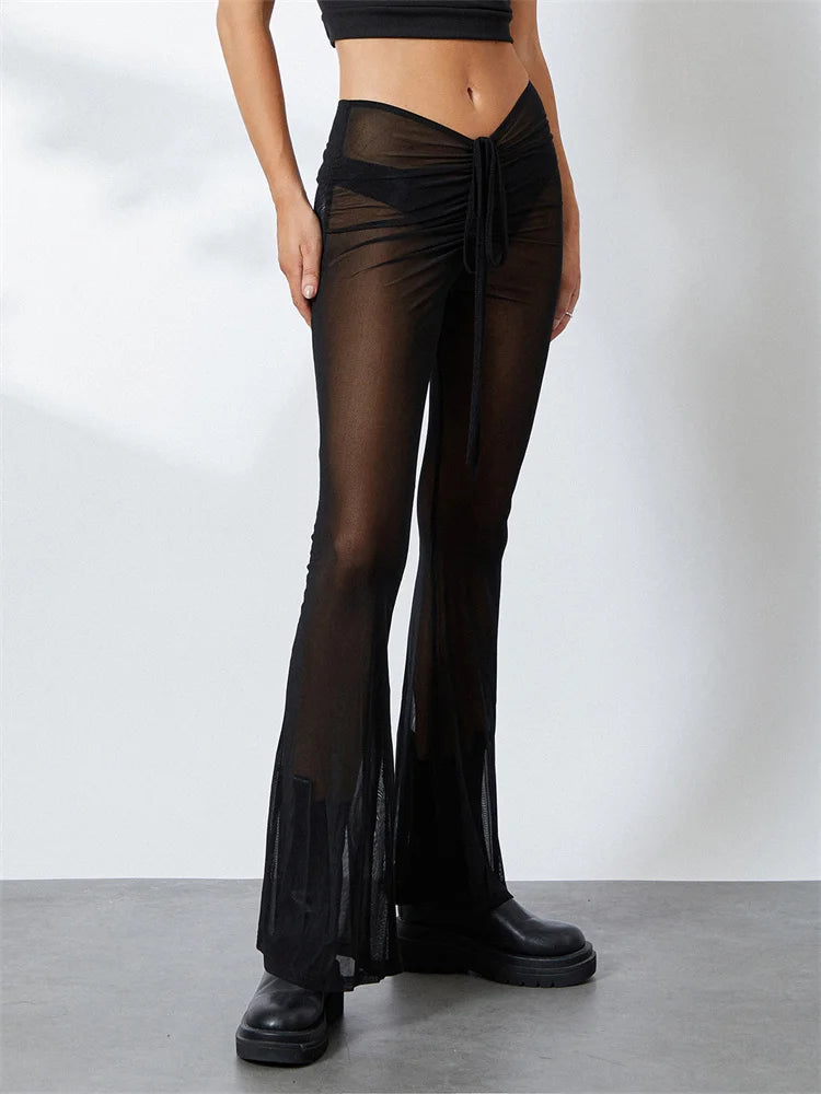 JuliaFashion - Low Waist See Through Sheer Long Flare Pants