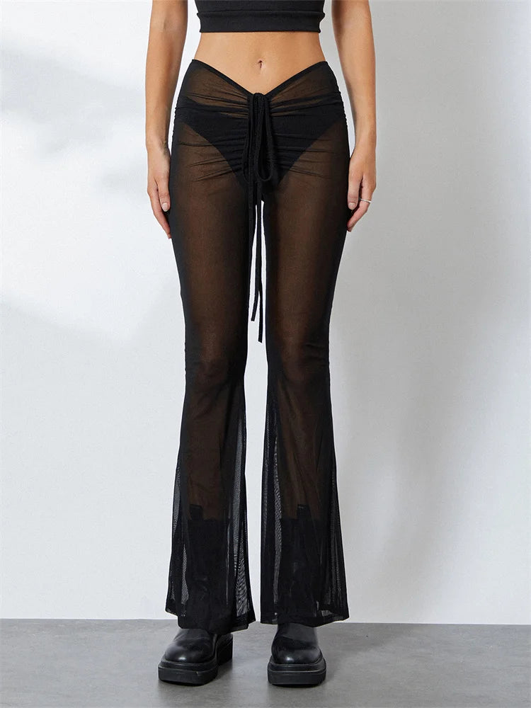 JuliaFashion - Low Waist See Through Sheer Long Flare Pants