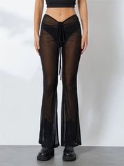 JuliaFashion - Low Waist See Through Sheer Long Flare Pants