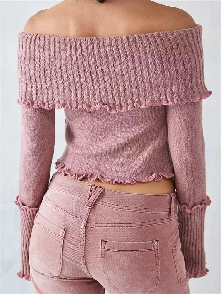 JuliaFashion - Sexy Off-Shoulder Solid Color Ribbed Pullovers Slash Neck Long Sleeve Ruffles Knitwear Sweater