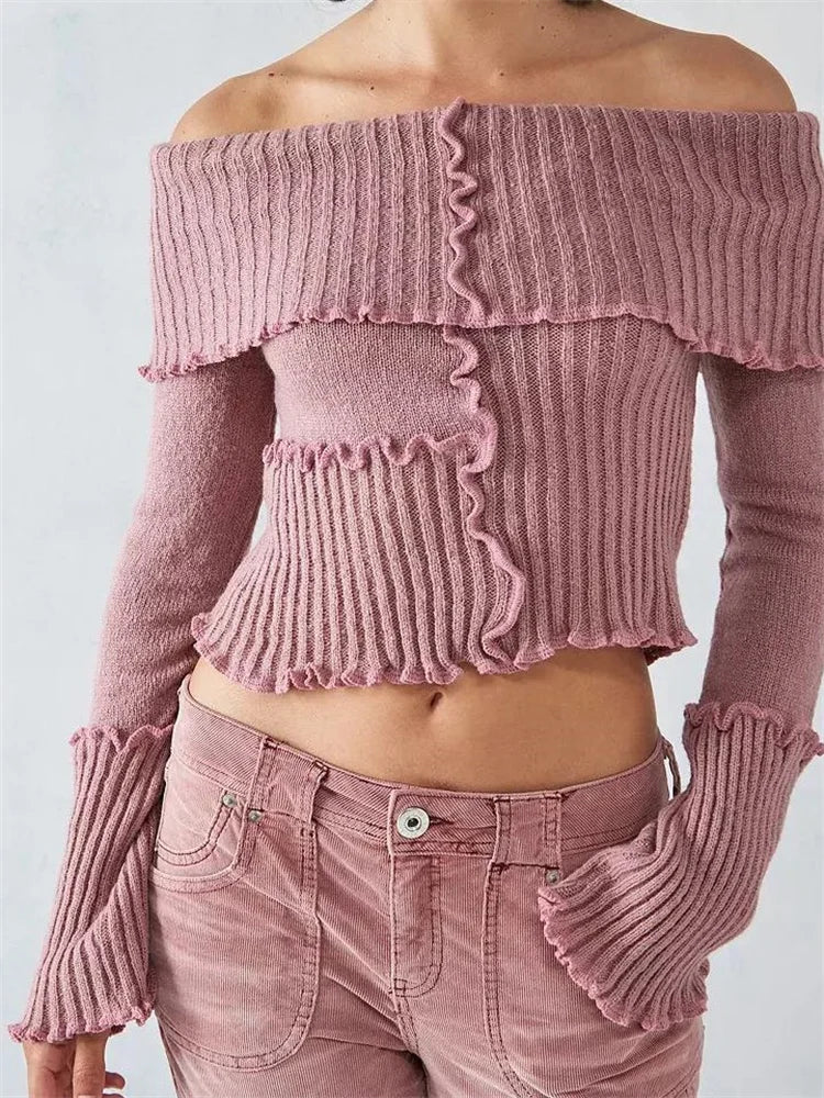 JuliaFashion - Sexy Off-Shoulder Solid Color Ribbed Pullovers Slash Neck Long Sleeve Ruffles Knitwear Sweater