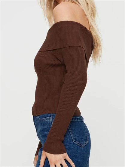 JuliaFashion - Sexy Slash Neck Off Shoulder Knitted Long Sleeve Solid Color Slim Fit Pullovers Ribbed Sweater