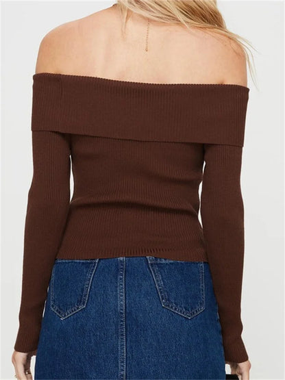 JuliaFashion - Sexy Slash Neck Off Shoulder Knitted Long Sleeve Solid Color Slim Fit Pullovers Ribbed Sweater