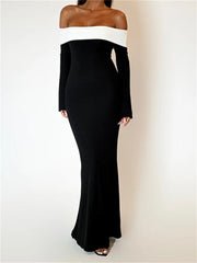 Sexy Women Slash Neck Off Shoulder Sleeve Contrast Color Slim Fit Party Formal Female Vestidos