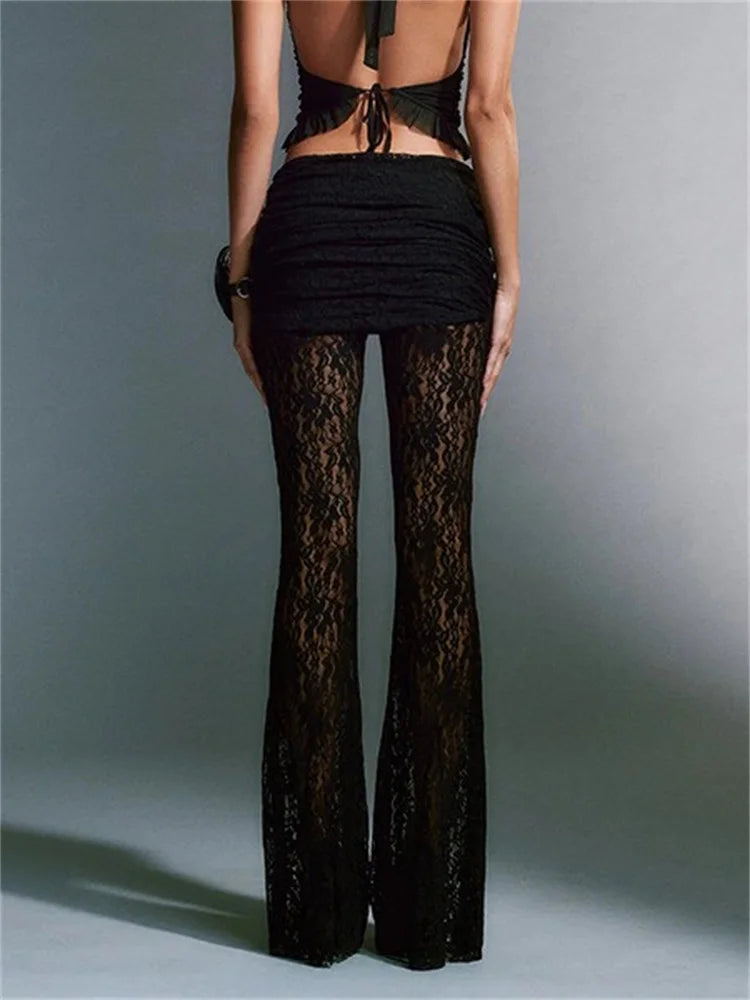 JuliaFashion - High Waist Sexy Black Mesh Sheer Lace Floral Flare Pants