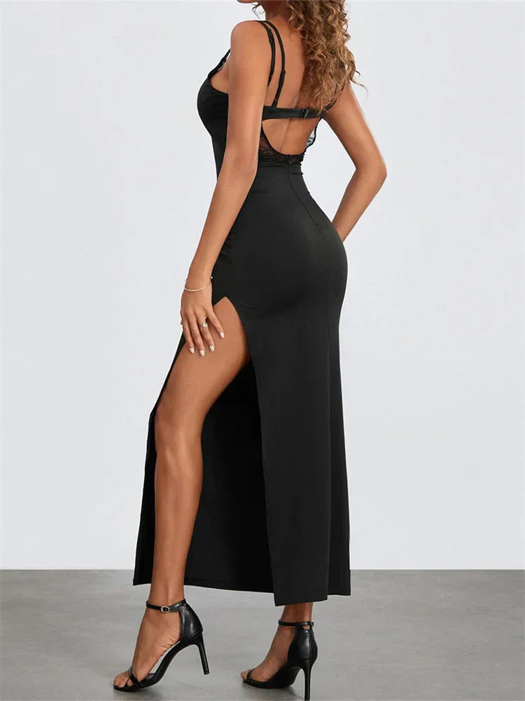 Sexy Women Summer Slim Sleeveless Lace Patchwork Low Cut Cutout Side High Split Party Vestido