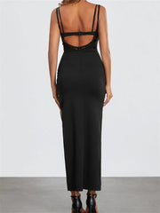 Sexy Women Summer Slim Sleeveless Lace Patchwork Low Cut Cutout Side High Split Party Vestido