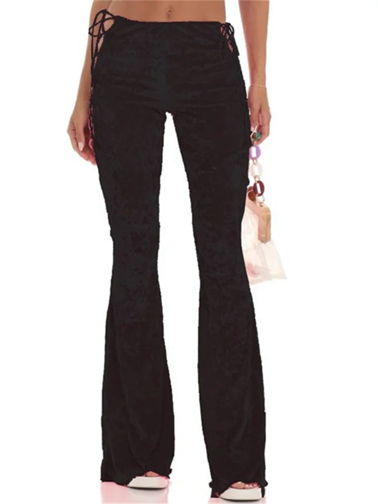 JuliaFashion - Sexy Slim Velvet Side Hollow Out Tie-Up Slim Pants