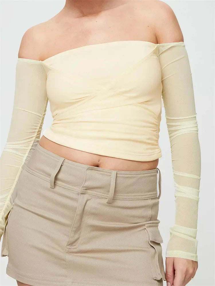 Slash Neck Off Shoulder Mesh See Through Long Sleevet-Shirts