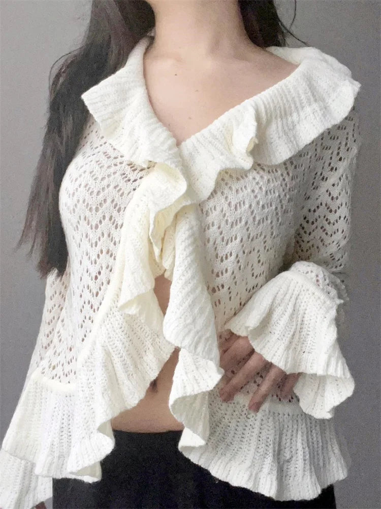 JuliaFashion - Spring Autumn Warm Ruffles Cardigan Long Flare Sleeve Knitted Hollow Out Slim Fashion Sweater