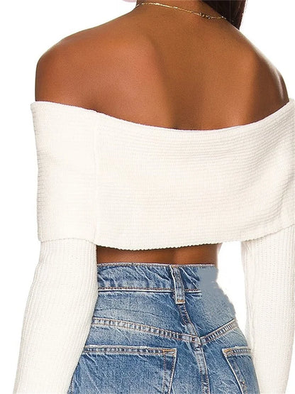 JuliaFashion - Spring Fall Knitted Long Sleeve Slash Neck Off-shoulder Solid Clubwear Party Pullovers Sweater