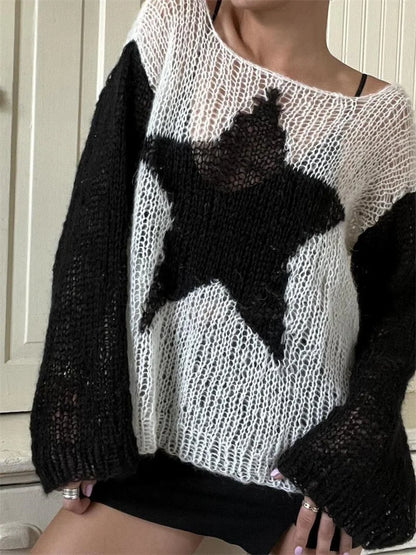 JuliaFashion - Star Knitted Patchwork Long Sleeve Loose Casual Spring Fall Pullovers Sweater