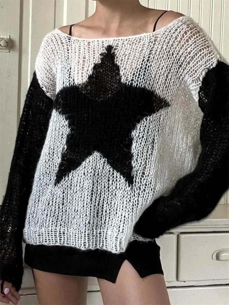 JuliaFashion - Star Knitted Patchwork Long Sleeve Loose Casual Spring Fall Pullovers Sweater