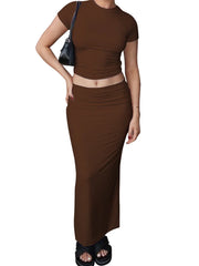 JuliaFashion - Short Sleeve Slim Fit Basic T-Shirts  Long Skirts Suits
