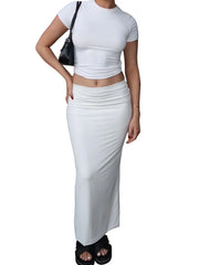 JuliaFashion - Short Sleeve Slim Fit Basic T-Shirts  Long Skirts Suits