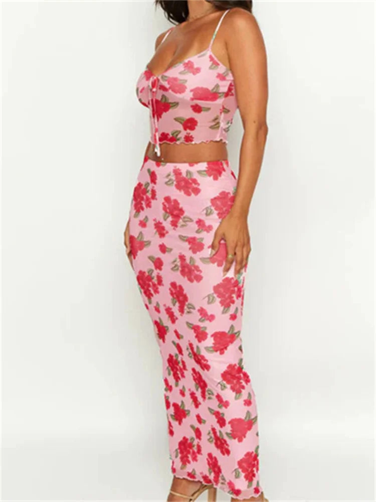 JuliaFashion - Floral Print Sleeveless Strap Mesh Camis High Waist Long Skirts Suits