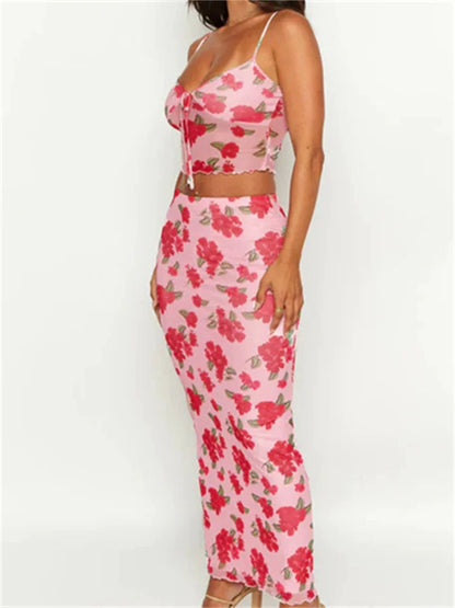 JuliaFashion - Floral Print Sleeveless Strap Mesh Camis High Waist Long Skirts Suits