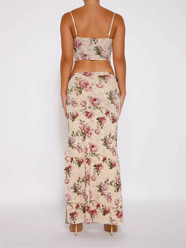 JuliaFashion - Sleeveless Strap V-neck Camis Tops High Split Long Skirts Suits