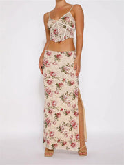 JuliaFashion - Sleeveless Strap V-neck Camis Tops High Split Long Skirts Suits