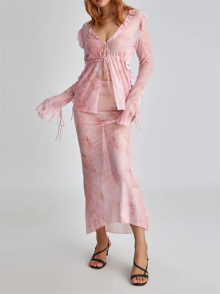 JuliaFashion - Vintage Tie-up Mesh See Through Clubwear  Suits