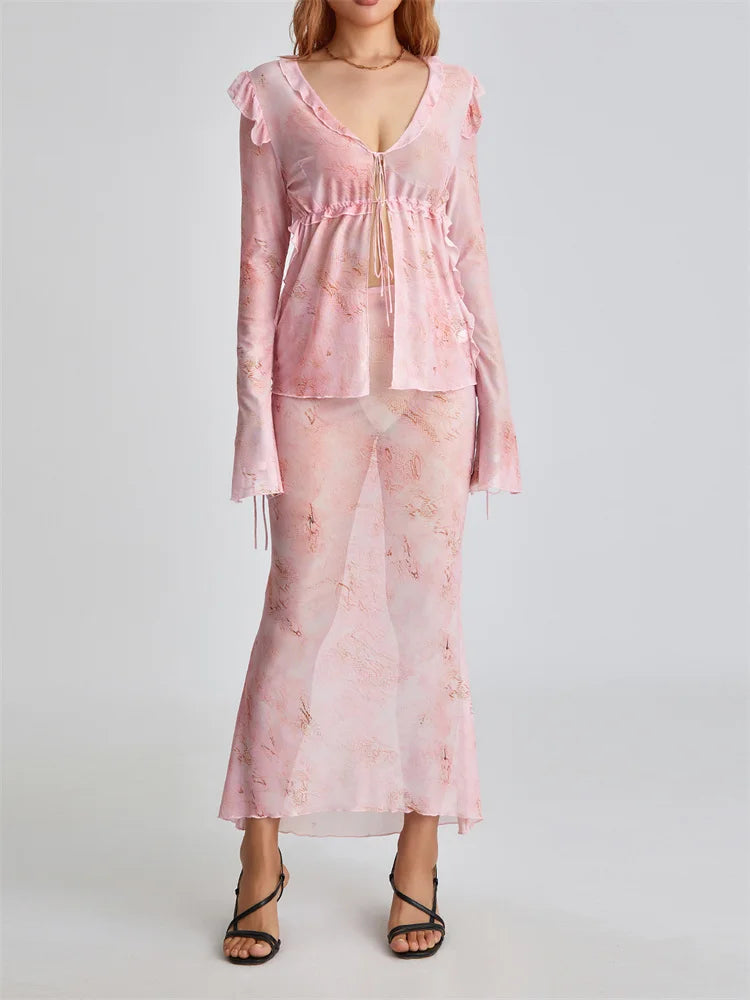 JuliaFashion - Vintage Tie-up Mesh See Through Clubwear  Suits