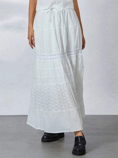 JuliaFashion - Vintage Lace Patchwork Bohemian Long Low Waist Embroidery Midi Drawstring Flowy Beachwear Skirts