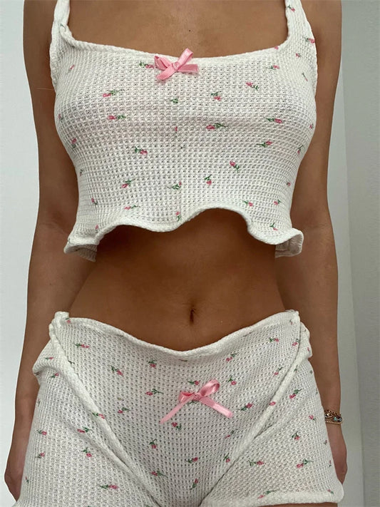 JuliaFashion - Vintage Print Bow Patchwork Sleeveless Strap Camis Shorts Sleepwear Suits