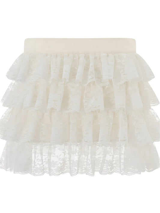 JuliaFashion - Vintage Short Mini Pleated Cute High Waist Solid Color Lace Ruffles Summer Party Cake Skirts