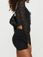 JuliaFashion - Vintage Long Sleeve Tie-up Mesh See Through Shirts Suits