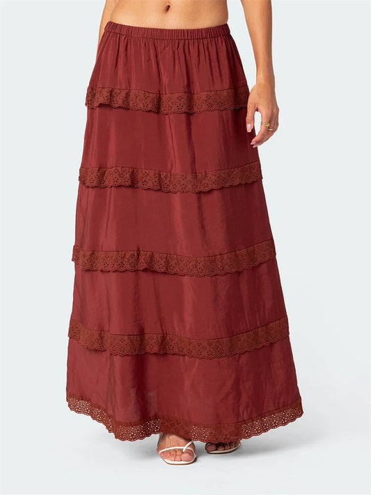 JuliaFashion - Vintage Spring Summer Long Elastic High Waist Lace Trim  Beach Party Streetwear Skirts