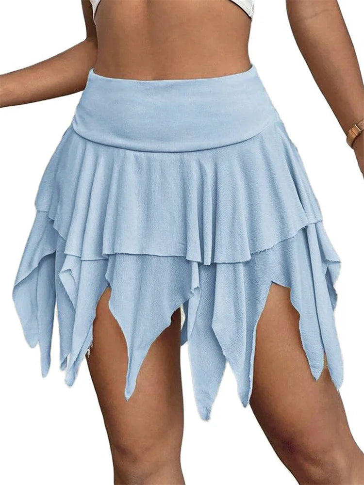 JuliaFashion - Vintage Summer Irregular Hem Short Mini Ruffles Solid Color Asymmetrical A-Line Streetwear Skirts