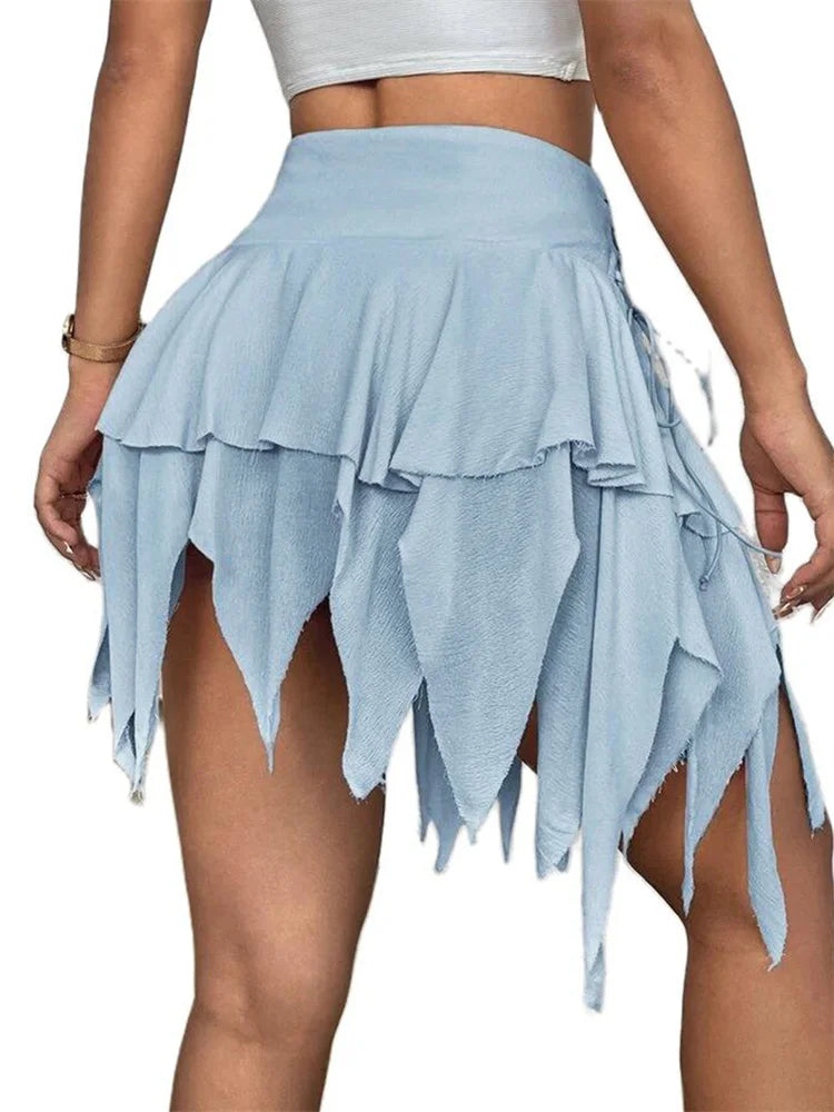 JuliaFashion - Vintage Summer Irregular Hem Short Mini Ruffles Solid Color Asymmetrical A-Line Streetwear Skirts