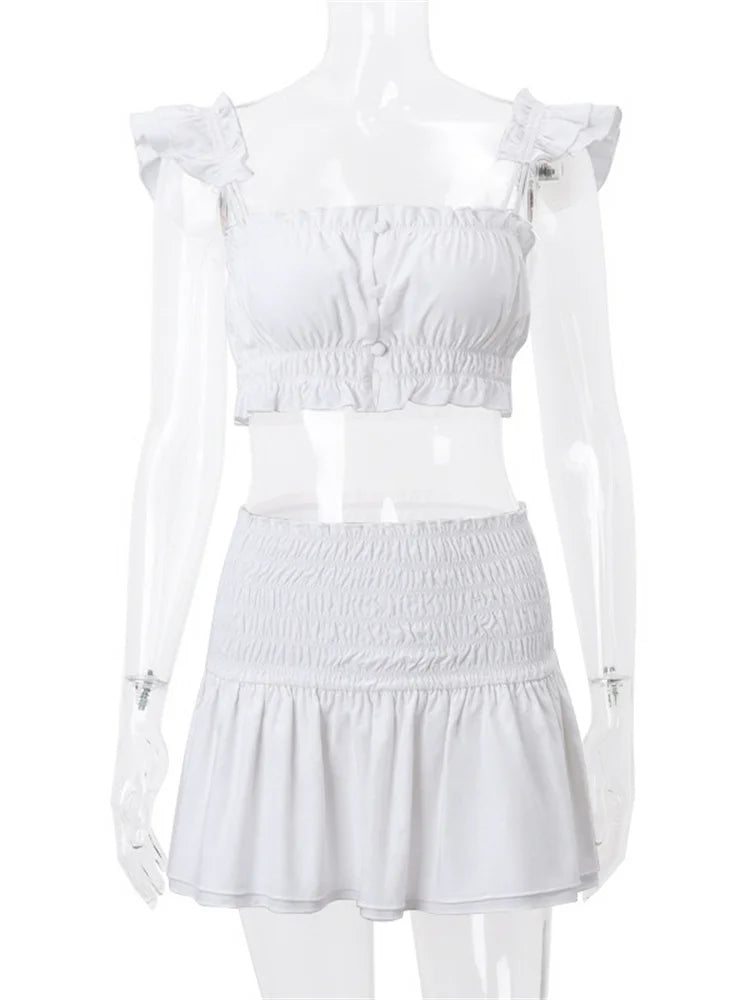 JuliaFashion - Sleeveless Strap Ruched Ruffles Camis White Short Skirts Suits