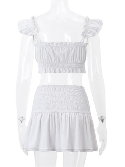 JuliaFashion - Sleeveless Strap Ruched Ruffles Camis White Short Skirts Suits