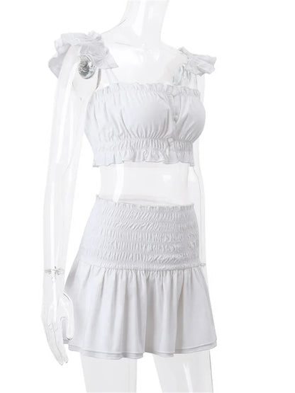 JuliaFashion - Sleeveless Strap Ruched Ruffles Camis White Short Skirts Suits